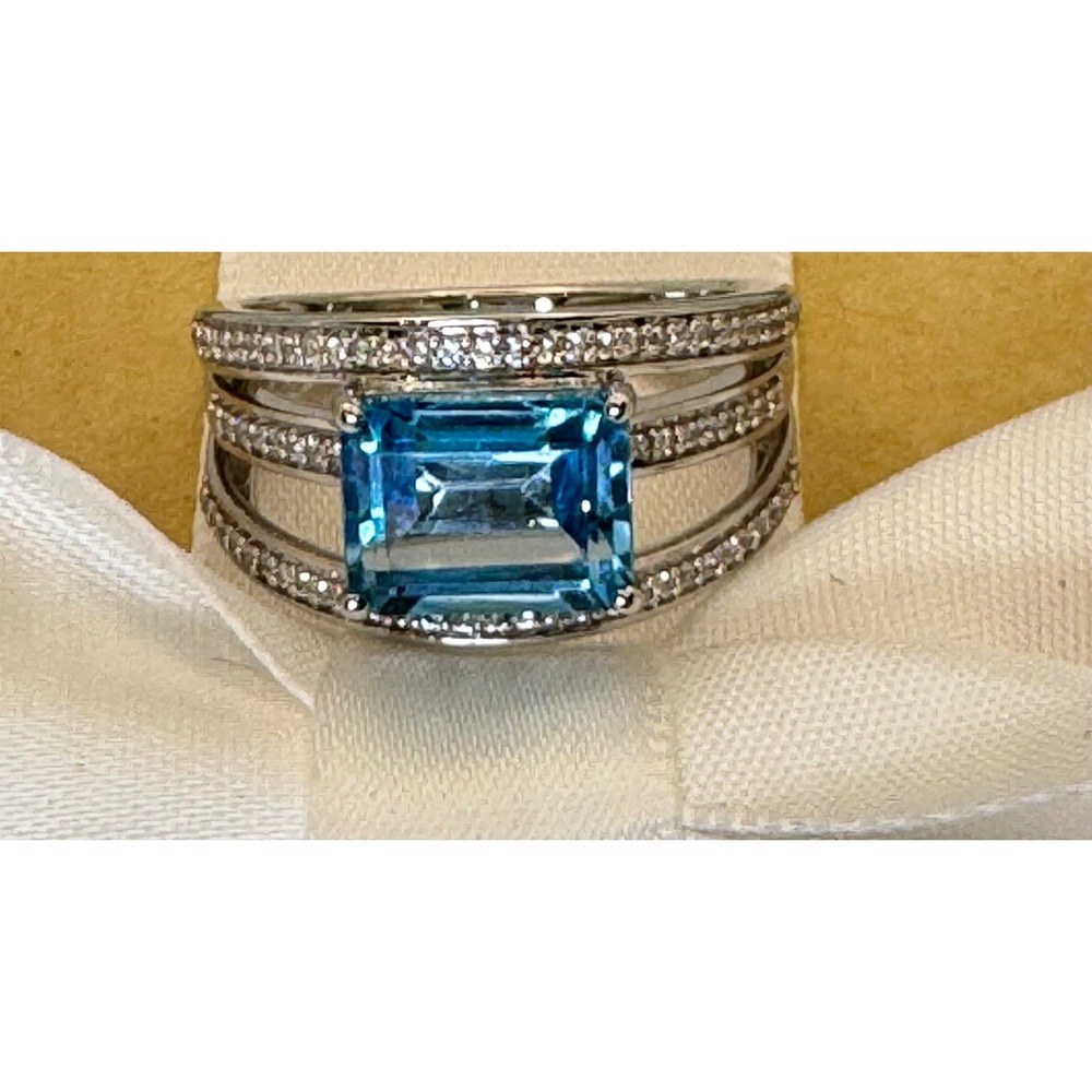 Sterling Silver Blue Topaz Emerald Cut Created Sapphire Ring Sz 7.25